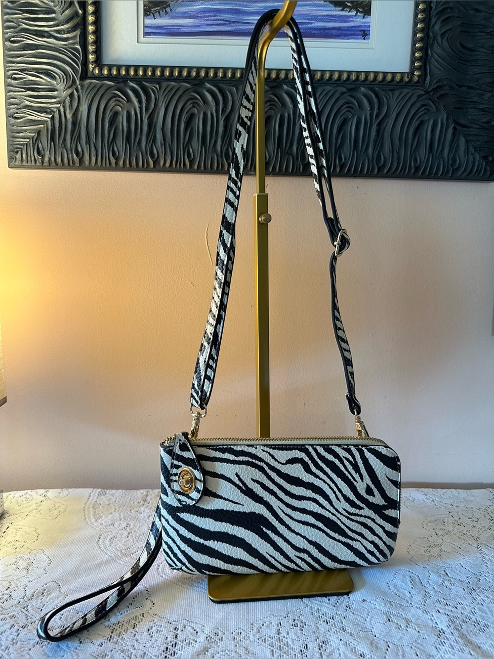 Zebra Print Crossbody Shoulder/Crossbody/Wristlet Bag - Black & White